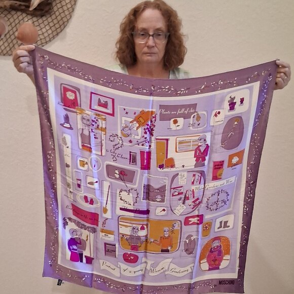 Vintage Moschino Larioseta Como Silk Scarf - Teacups & Shoes Print Red Border - Picture 2 of 5